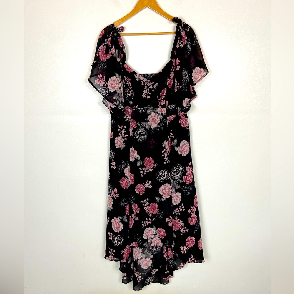 Torrid Chiffon Floral Maxi Dress 2X Black & Pink Smocked Flutter Sleeves